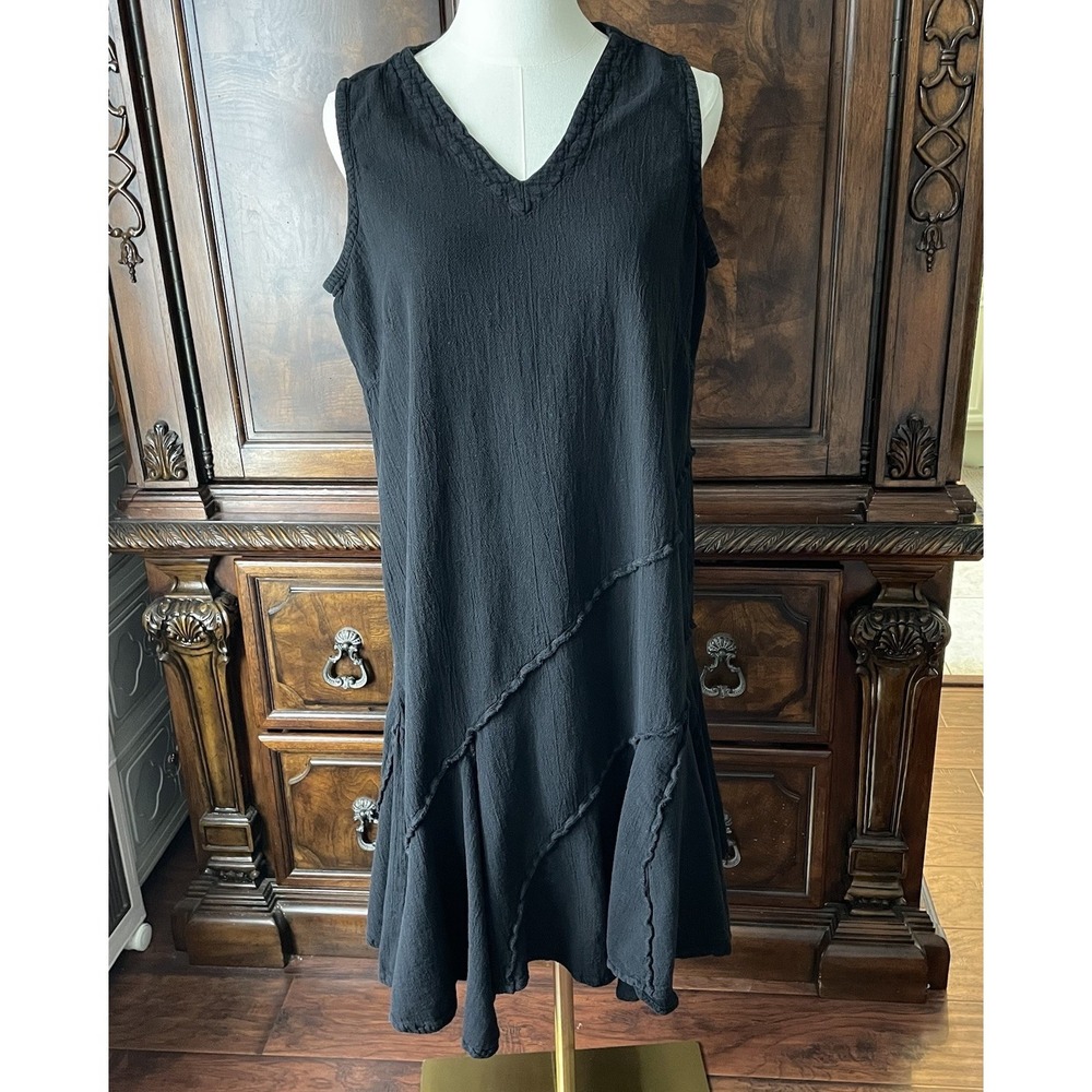 Oh My Gauze Black Crinkle Cotton Sleeveless Lagenlook MidiDress Size 2 (L/XL)